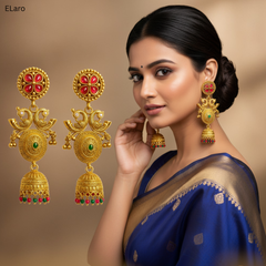 EL ARO Gold-Plated Jhumka Earrings with Ruby & Emerald Accents