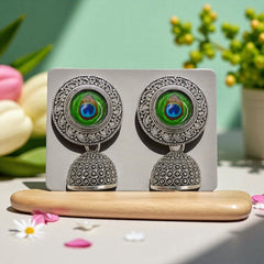 EL ARO Oxidised Silver Filigree Round Peacock Eye Jhumka Earrings
