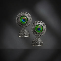 EL ARO Oxidised Silver Filigree Round Peacock Eye Jhumka Earrings