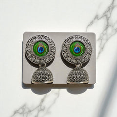 EL ARO Oxidised Silver Filigree Round Peacock Eye Jhumka Earrings