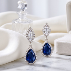 Elegant Pear-Cut Blue Sapphire Dangle Earrings - Silver Tone Halo Drops