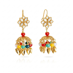 EL ARO Gold Kundan Flower Jhumka Earrings with Multicolour Bead & Leaf Drops