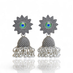 EL ARO Oxidised Silver Sunflower Jhumka Earrings with Green Peacock Eye Stone