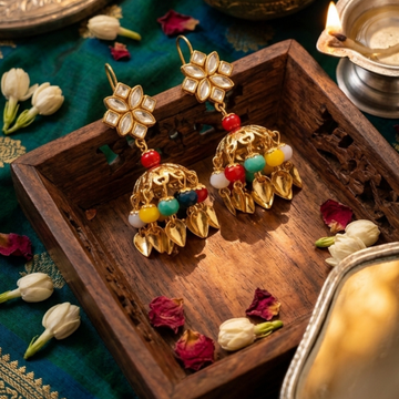 EL ARO Gold Kundan Flower Jhumka Earrings with Multicolour Bead & Leaf Drops