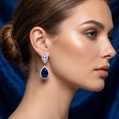 Elegant Pear-Cut Blue Sapphire Dangle Earrings - Silver Tone Halo Drops