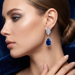 Elegant Pear-Cut Blue Sapphire Dangle Earrings - Silver Tone Halo Drops