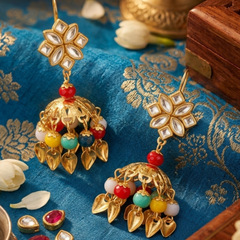EL ARO Gold Kundan Flower Jhumka Earrings with Multicolour Bead & Leaf Drops