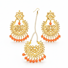 EL ARO Gold Kundan Chandbali Earrings & Maang Tikka Set with Orange Beads