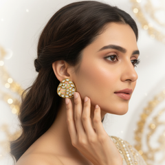 EL ARO Gold Kundan Triangular Floral Stud Earrings with Mirror Stones