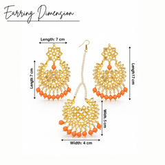 EL ARO Gold Kundan Chandbali Earrings & Maang Tikka Set with Orange Beads
