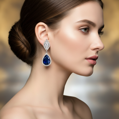 Elegant Pear-Cut Blue Sapphire Dangle Earrings - Silver Tone Halo Drops