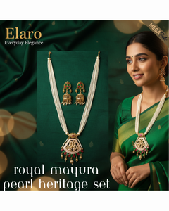 Elaro Pearl Strand Necklace & Jhumka Earrings Set with Peacock Pendant