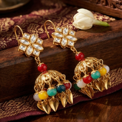 EL ARO Gold Kundan Flower Jhumka Earrings with Multicolour Bead & Leaf Drops