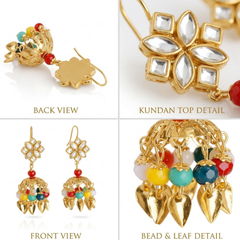 EL ARO Gold Kundan Flower Jhumka Earrings with Multicolour Bead & Leaf Drops