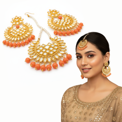 EL ARO Gold Kundan Chandbali Earrings & Maang Tikka Set with Orange Beads