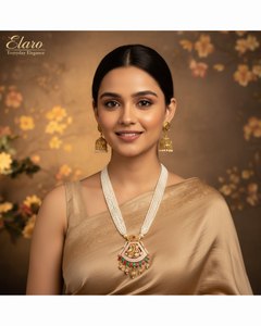 Elaro Pearl Strand Necklace & Jhumka Earrings Set with Peacock Pendant