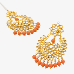 EL ARO Gold Kundan Chandbali Earrings & Maang Tikka Set with Orange Beads