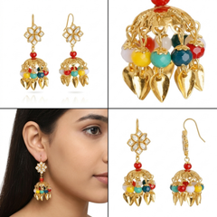 EL ARO Gold Kundan Flower Jhumka Earrings with Multicolour Bead & Leaf Drops