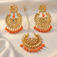 EL ARO Gold Kundan Chandbali Earrings & Maang Tikka Set with Orange Beads