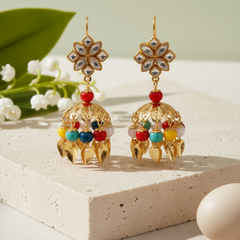 EL ARO Gold Kundan Flower Jhumka Earrings with Multicolour Bead & Leaf Drops
