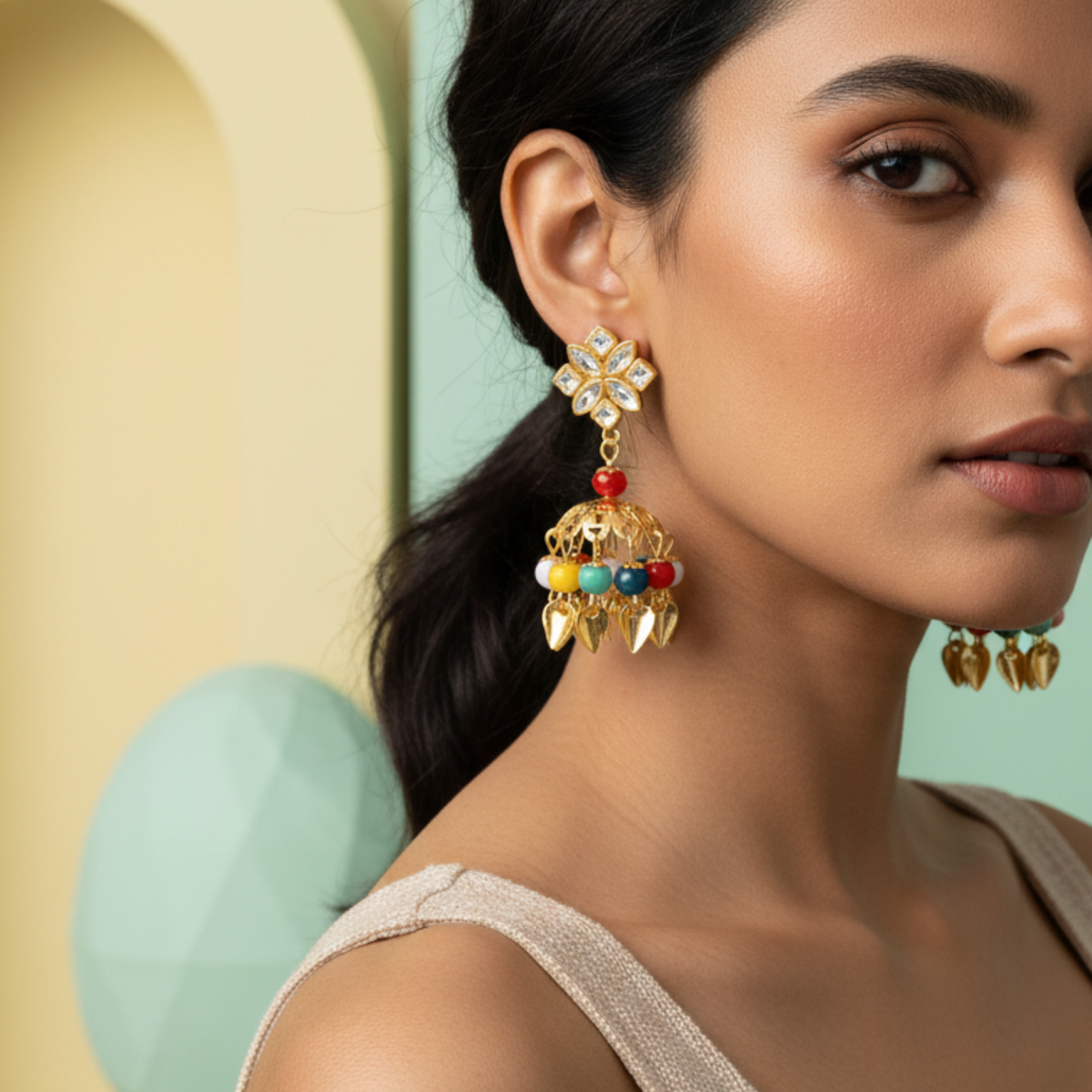 EL ARO Gold Kundan Flower Jhumka Earrings with Multicolour Bead & Leaf Drops