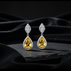 Elegant Pear-Cut Blue Sapphire Dangle Earrings - Silver Tone Halo Drops