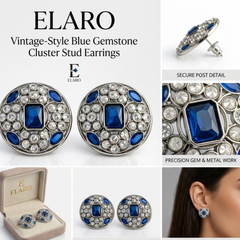 EL ARO Silver Round Stud Earrings with Sapphire Blue & CZ Stones