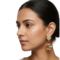 EL ARO Gold Kundan Flower Jhumka Earrings with Multicolour Bead & Leaf Drops