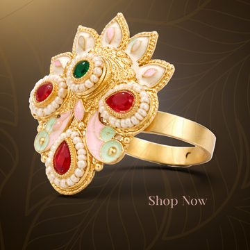 Elaro Gold Meenakari Floral Cocktail Ring | Ruby, Emerald & Pearl | Bridal Jewellery