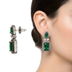 Elaro Silver Emerald Green Emerald-Cut CZ Drop Earrings with Pear Stud
