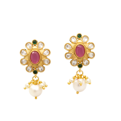 EL ARO Kundan Floral Stud Earrings with Pink Stone & Pearl Drop