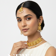 EL ARO Gold Floral Choker Necklace Set with Jhumka Earrings & Maang Tikka