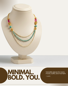 EL ARO Triple Strand Aqua Crystal & Gold Bead Necklace with Filigree Accents
