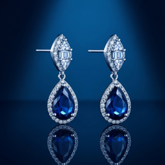 Elegant Pear-Cut Blue Sapphire Dangle Earrings - Silver Tone Halo Drops