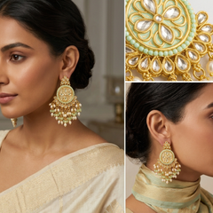 EL ARO Gold Kundan Chandbali Earrings with Mint Green Beads & Pearl Fringe