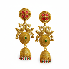 EL ARO Gold-Plated Jhumka Earrings with Ruby & Emerald Accents