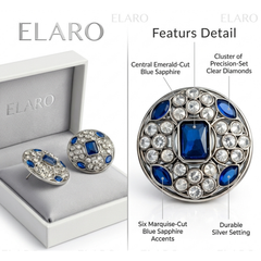 EL ARO Silver Round Stud Earrings with Sapphire Blue & CZ Stones