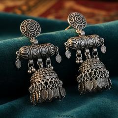 EL ARO Bohemian Antique Silver Jhumka Drop Earrings with Hanging Leaf Accents