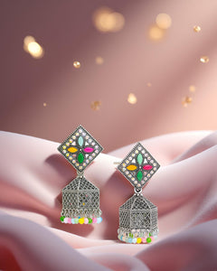 EL ARO Oxidised Silver Diamond-Top Jhumka Earrings with Multicolour Enamel & Bead Drops