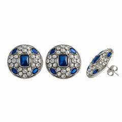 EL ARO Silver Round Stud Earrings with Sapphire Blue & CZ Stones