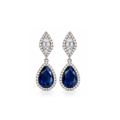 Elegant Pear-Cut Blue Sapphire Dangle Earrings - Silver Tone Halo Drops
