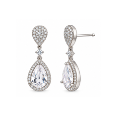 Elegant Clear Crystal Teardrop Halo Drop Earrings for Brides & Weddings, Earrings for Women