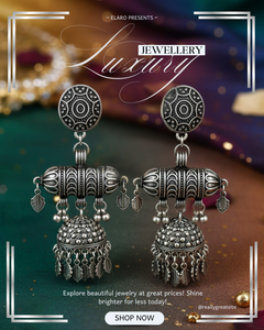 EL ARO Bohemian Antique Silver Jhumka Drop Earrings with Hanging Leaf Accents