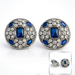 EL ARO Silver Round Stud Earrings with Sapphire Blue & CZ Stones
