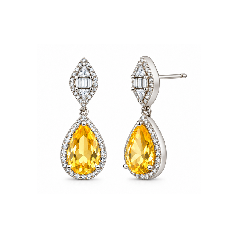 Elegant Pear-Cut Blue Sapphire Dangle Earrings - Silver Tone Halo Drops