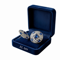 EL ARO Silver Round Stud Earrings with Sapphire Blue & CZ Stones