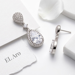 Elegant Clear Crystal Teardrop Halo Drop Earrings for Brides & Weddings, Earrings for Women