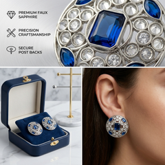 EL ARO Silver Round Stud Earrings with Sapphire Blue & CZ Stones
