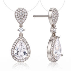 Elegant Clear Crystal Teardrop Halo Drop Earrings for Brides & Weddings, Earrings for Women