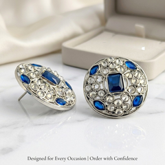 EL ARO Silver Round Stud Earrings with Sapphire Blue & CZ Stones